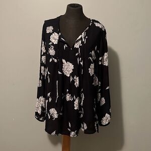 Roz & Ali Women's Black White Floral Keyhole Sheer Tunic Blouse Size XL